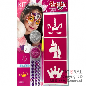 KIT PARA MAQUILLAJE UNICORNIO GLAM 2 COLORES+STRASS+PINCEL+STENCIL AUTOADHESIVO 652-03 x 1